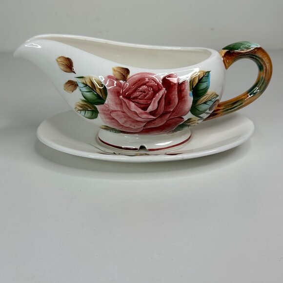 Lefton Americana Rose Pottery Ceramic Gravy Boat With Saucer Rose Floral Design - Picture 2 of 13